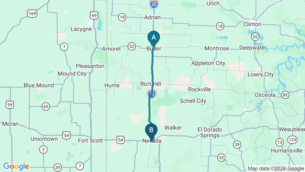 Driving directions map from Butler, MO to ProKinetic in Nevada