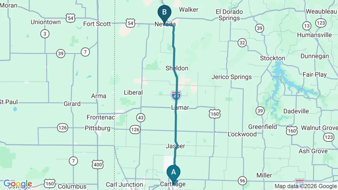 Driving directions map from Carthage, MO to ProKinetic in Nevada