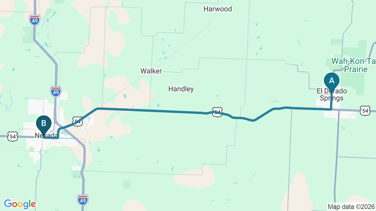 Driving directions map from El Dorado Springs, MO to ProKinetic in Nevada