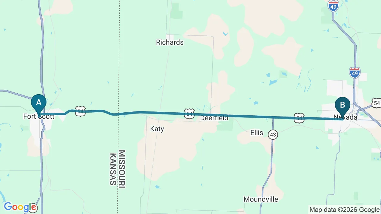 Driving directions map from Fort Scott, KS to ProKinetic in Nevada