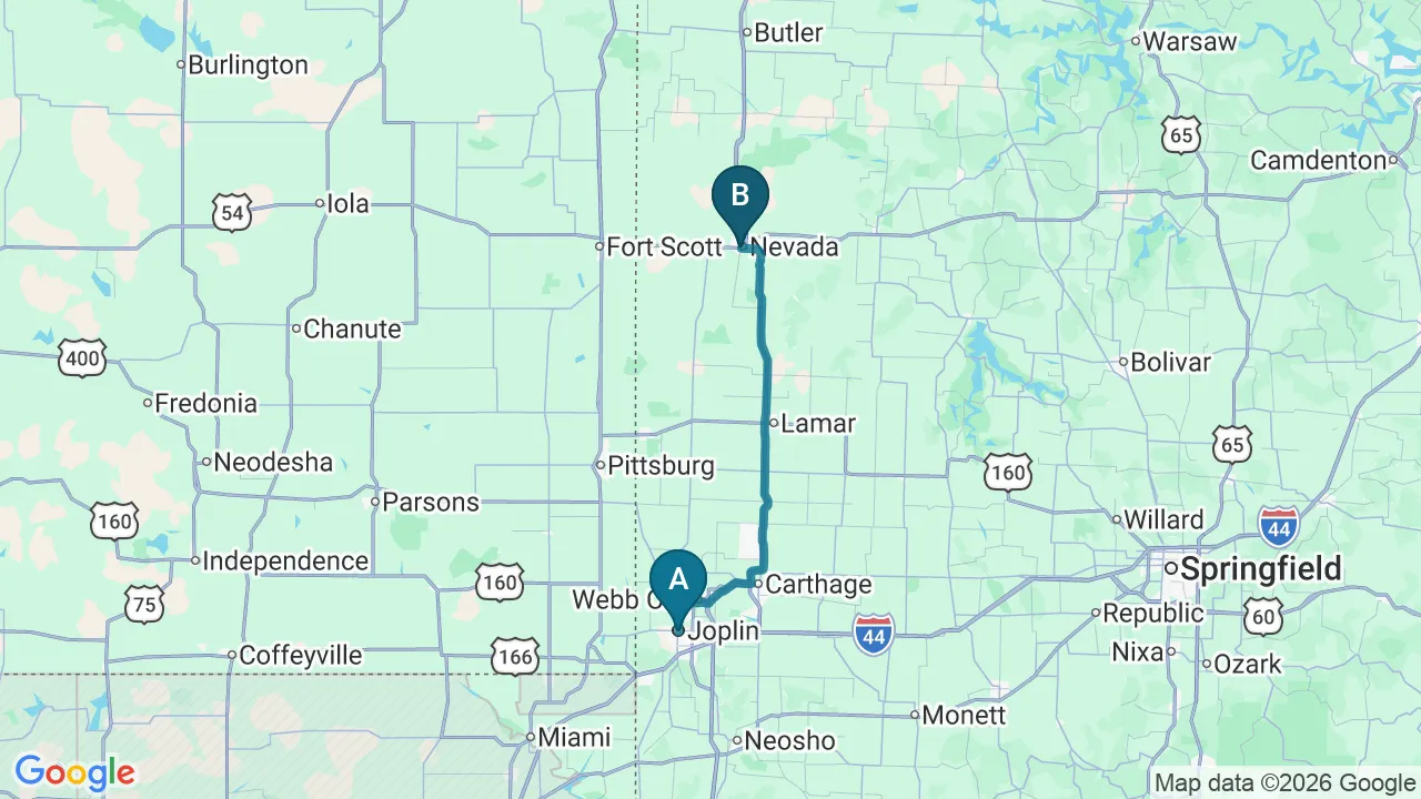 Driving directions map from Joplin, MO to ProKinetic in Nevada