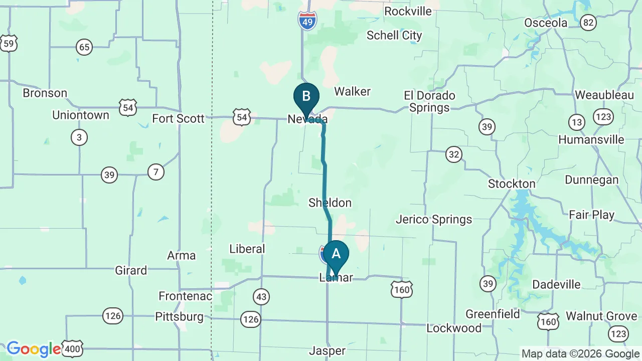 Driving directions map from Lamar, MO to ProKinetic in Nevada
