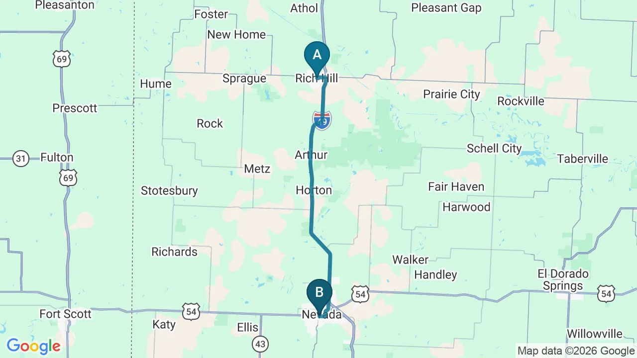 Driving directions map from Rich Hill, MO to ProKinetic in Nevada