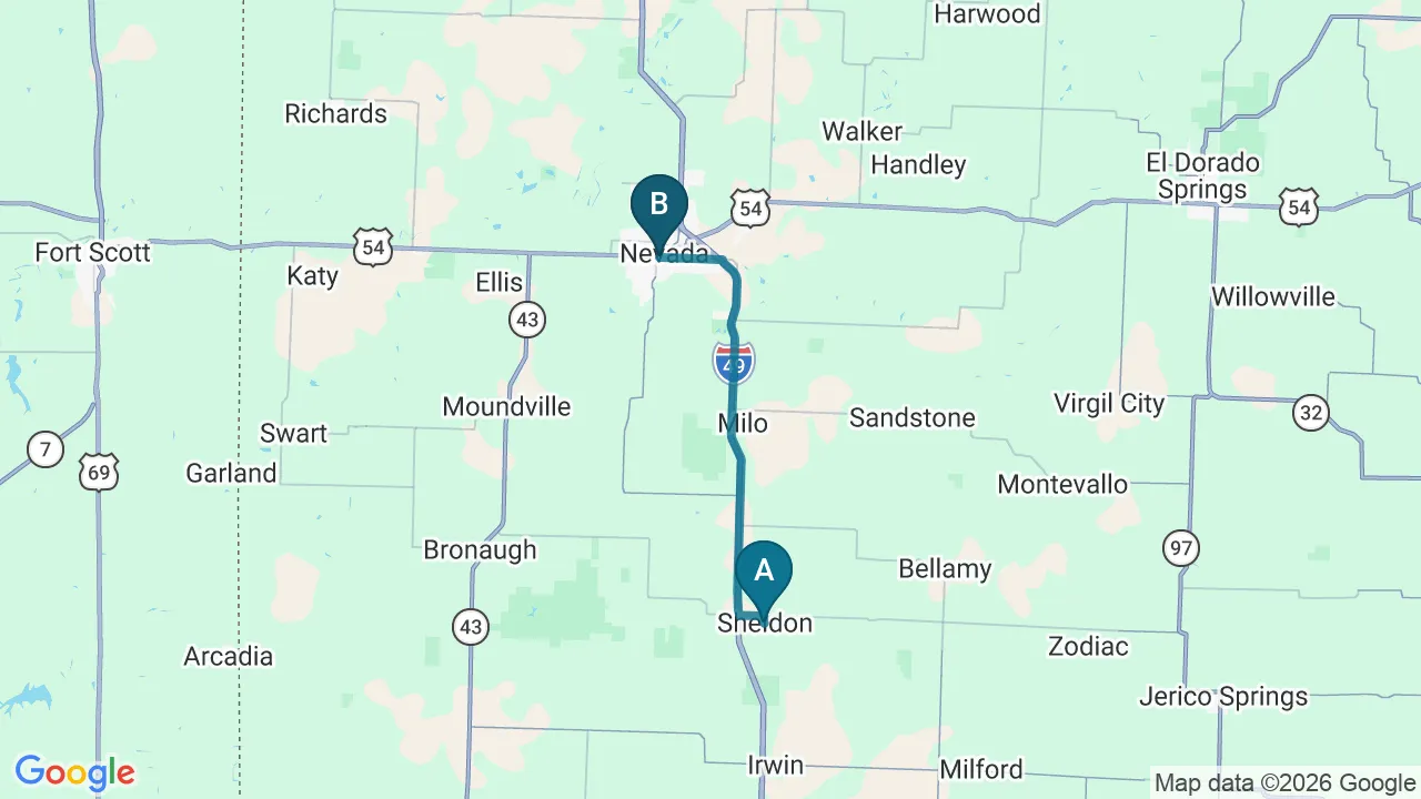 Driving directions map from Sheldon, MO to ProKinetic in Nevada