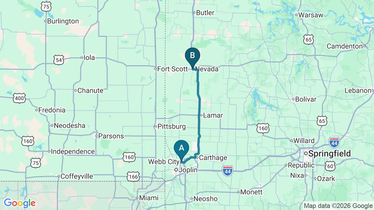 Driving directions map from Webb City, MO to ProKinetic in Nevada